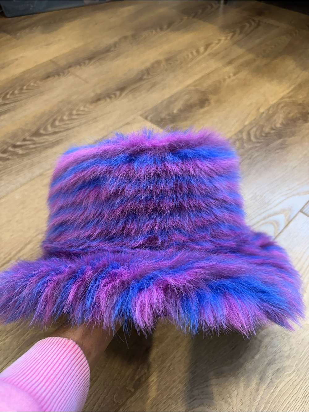 Rave / festival Faux Fur Bucket Hat — Purple & Blue adjustable strap inside